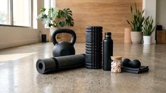Black fitness equipment and yoga gear set on a floor in a bright home gym with indoor plants. gym hydration tips 