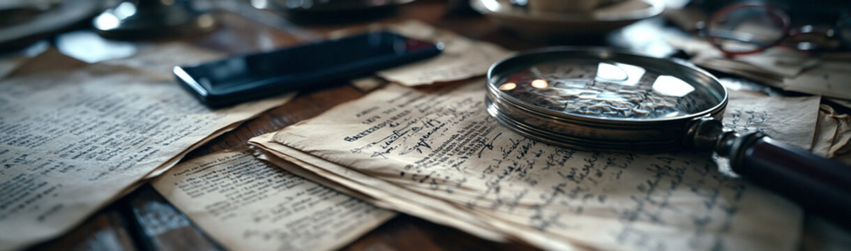 A Detective's Desk: A magnifying glass rests on aged documents, revealing cryptic notes and a scattered layout suggesting a mystery unfolding. The scene evokes intrigue and a quest for truth.