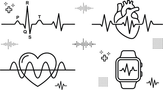Heartbeat ecg monitor doodle vector set with medical pulse rate graph smart watch tracking and cardiology line art icons