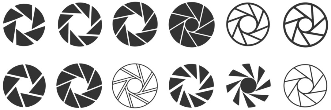 Camera lens diaphragm icons featuring shutter aperture symbols for photography, optical equipment, and professional camera vector illustration