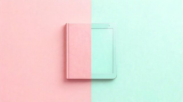 A pink notebook cover and a mint green tablet merged on a split pastel pink and mint background symbolizing balance between analog and digital learning.