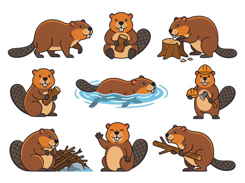 A collection of cute cartoon beaver characters in various poses and activities.