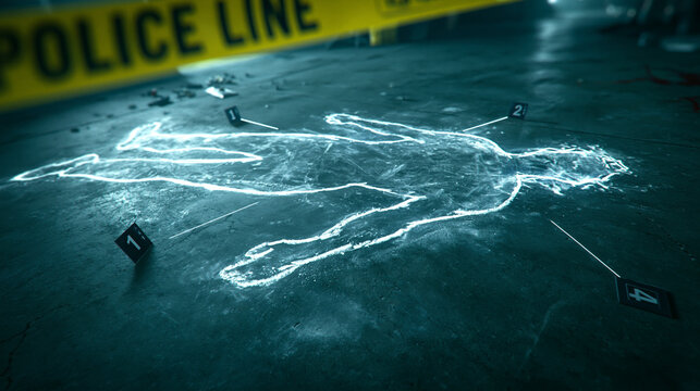 Crime Scene Outline: A chilling depiction of a chalk outline on wet pavement, cordoned off by police tape, marking a grim discovery and raising questions about a potential crime.