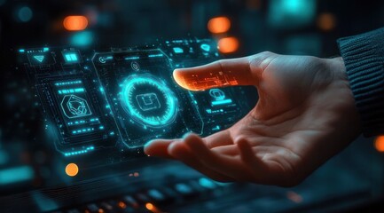 Fototapeta premium Close-up hand reaching to touch a glowing blue holographic user interface with circular data HUD panels and an orange fingertip glow, conveying curiosity and control
