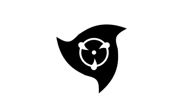 A bold black ninja wind shuriken symbol with a swirling fan blade design commonly used as a logo or icon in action and anime themes