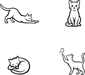 Naklejka premium Four stylized cat poses in outline style with a butterfly element for playful concept