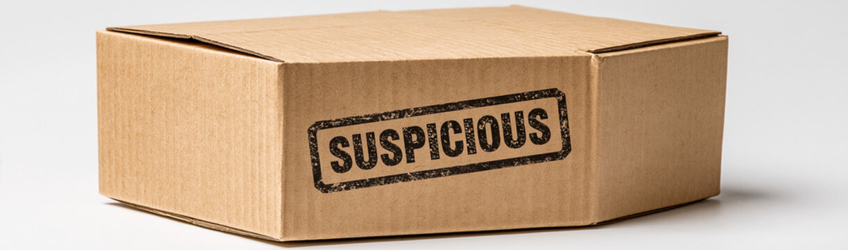 Suspicious Package: A closed cardboard box with a 'Suspicious' stamp applied to its side.