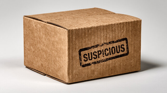 Suspicious Package: A simple brown cardboard box sealed shut, with a bold SUSPICIOUS stamp clearly visible on its side, hinting at mystery and caution.
