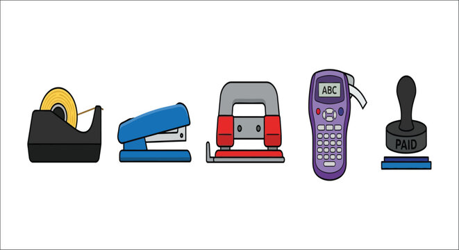 Office supplies illustration featuring tape dispenser stapler hole punch pager and rubber stamp scotch adhesive stationery fastener binding paper perforator two way radio communication device personal