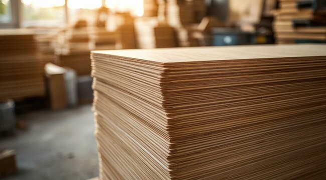 stack of thin plywood sheets in a sunlit wood workshop conveying warmth, order and productive atmosphere
