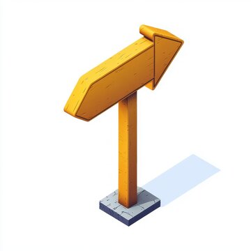 Bright wooden directional arrow sign pointing right on a post with concrete base and soft shadow on white background, playful optimistic mood