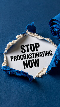 Tear of Resolution: A striking visual of torn blue paper reveals a bold message to STOP PROCRASTINATING NOW, representing a decisive moment of change and action.