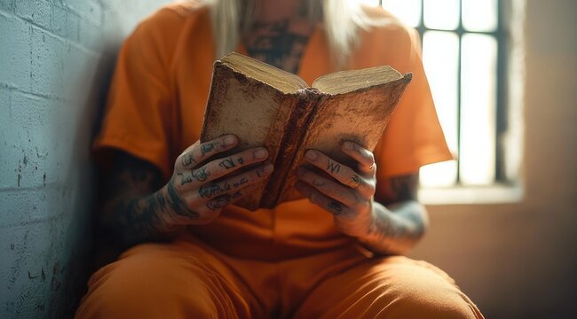 tattooed person in an orange jumpsuit reading an old worn book in a sunlit cell, contemplative and solitary