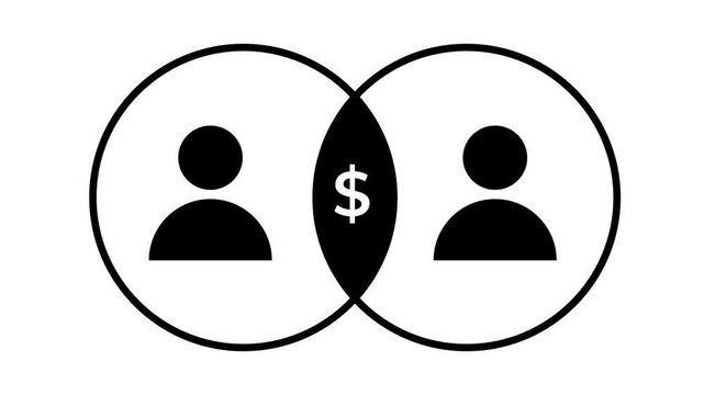 A Venn diagram icon with two overlapping circles containing human figures and a dollar sign in the center representing financial partnership or investment