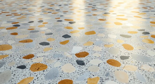 polished terrazzo floor with scattered yellow, gray, black and white stone chips in a pale matrix, warmed by soft sunlight reflections creating a calm inviting atmosphere