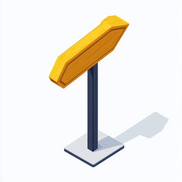wooden yellow directional sign mounted on a dark post with a concrete base casting a long geometric shadow, minimalist isometric illustration conveying guidance and direction