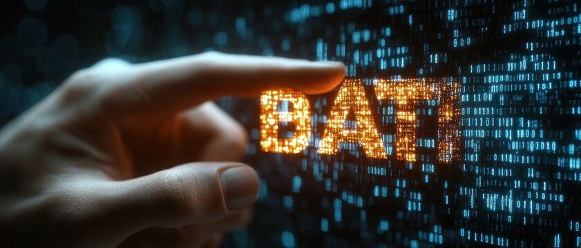Close-up hand delicately pinching glowing data text made of illuminated pixels against a blue binary code background, conveying careful control and curiosity