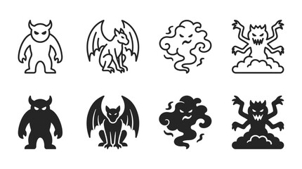 Obraz premium Set of halloween monster and demon icon silhouettes with gargoyle creature halloween silhouette mystical mythology