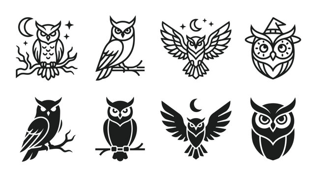 Set of nocturnal owl icons in outline and silhouette styles with nocturnal predator wildlife creature illustration