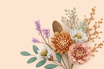 Obraz premium Elegant Autumnal Floral Arrangement With Dried Flowers And Pinecone On A Soft Pastel Beige Background
