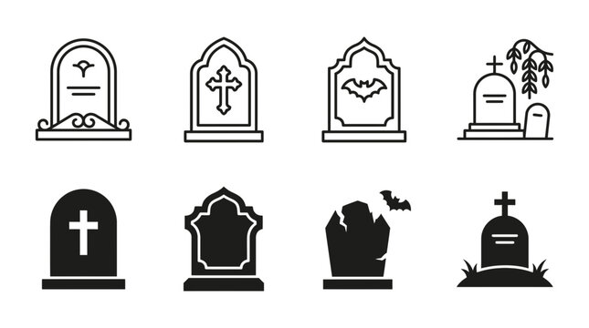 Cemetery tombstone and headstone icons with cross and bat motifs in flat black silhouette and line art styles, tombstone