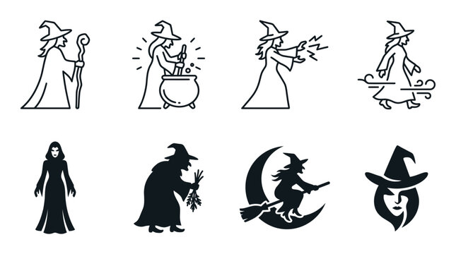 Set of witch character icons showing magic spells and flying on broomstick with broomstick cauldron halloween