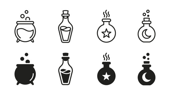 Collection of magical elixir bottles and bubbling cauldrons for fantasy themes with cauldron halloween mystical