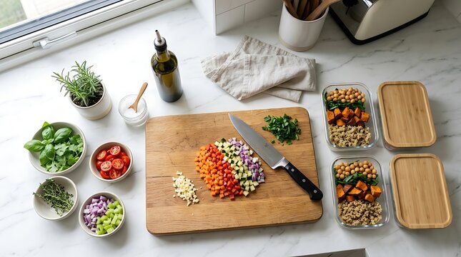 Fresh chopped vegetables on a wooden cutting board with meal prep containers on a kitchen counter. kitchen shortcuts