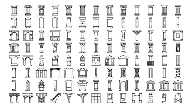 Classical architectural column icons, set of 88 ancient greek and roman pillar line art vectors, historical building pedestal and archway symbols