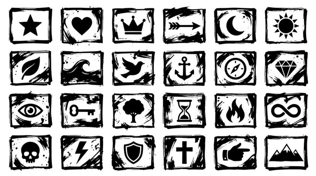 Black and White Hand Drawn Brush Stroke Icons Set on Textured Paper Background