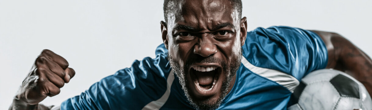 Victory Roar: A determined football player in a blue jersey, face contorted in a powerful roar of triumph, celebrates a moment of intense victory.