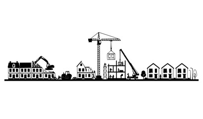 Obraz premium Construction Equipment Demolishing and Rebuilding Houses Vector Illustration