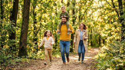 Fototapeta premium A happy family of four running joyfully through a sun-dappled forest path on a bright autumn day.