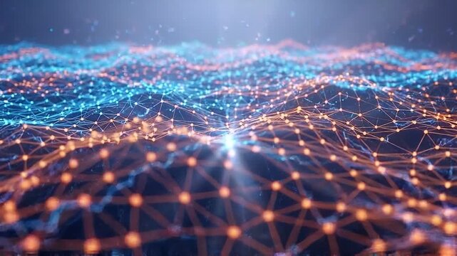 Digital network glowing with blue and orange nodes forming global cloud connection pattern representing futuristic technology data flow and communication system in advanced network environment