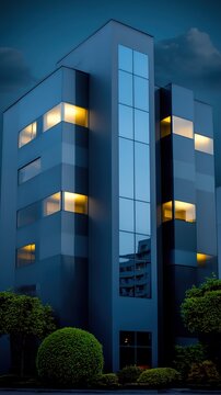 Modern office building exterior with glowing windows at night in a city setting