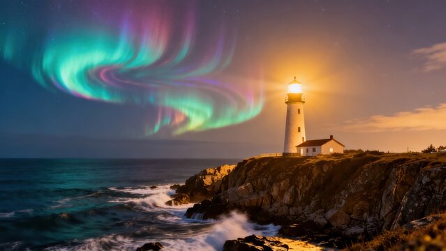 Lighthouse under northern lights