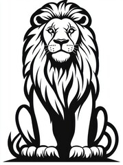 Obraz premium black and white stylized sitting lion with flowing mane, symmetrical bold lines and a regal calm expression