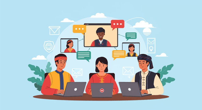 Vector illustration of diverse people in traditional dress using laptops for virtual meetings with video screens, speech bubbles, and digital icons for community.