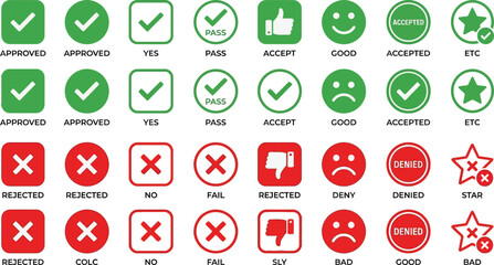 Large collection of approval and rejection icons including thumbs up down and smiley faces with approval © MAHENAJ