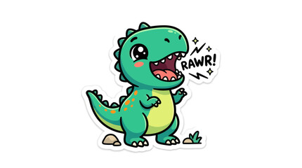 Happy green dinosaur sticker saying RAWR. © Satria