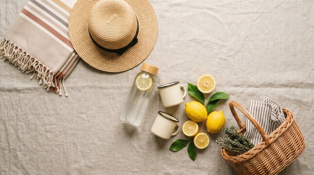 Summer picnic flat lay with straw hat lemons and wicker basket on linen cloth perfect for lifestyle blogs social media marketing and website headers