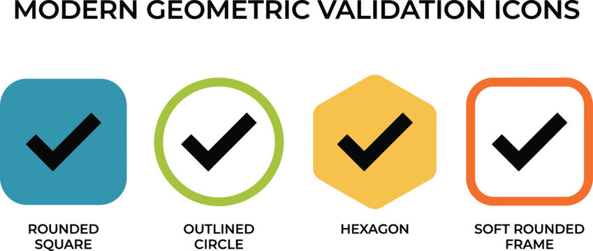 Modern geometric validation icons with checkmarks in rounded square circle and hexagon shapes, geometric