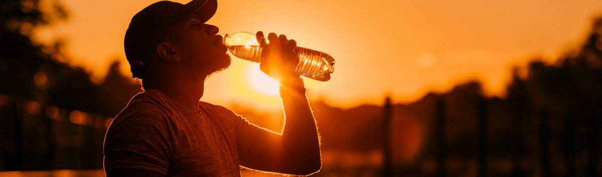 Thirsty Runner at Sunset: A solitary runner pauses to quench their thirst with water from a bottle, silhouetted against a vibrant, fiery sunset.