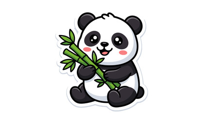 Kawaii panda character holding a green bamboo branch. © Satria