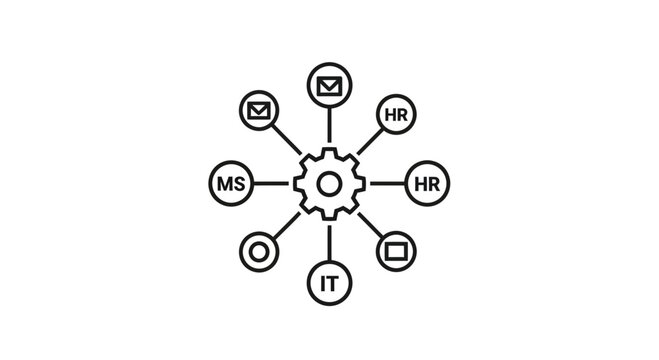 Centralized System Management: Gear with Connected Department Icons