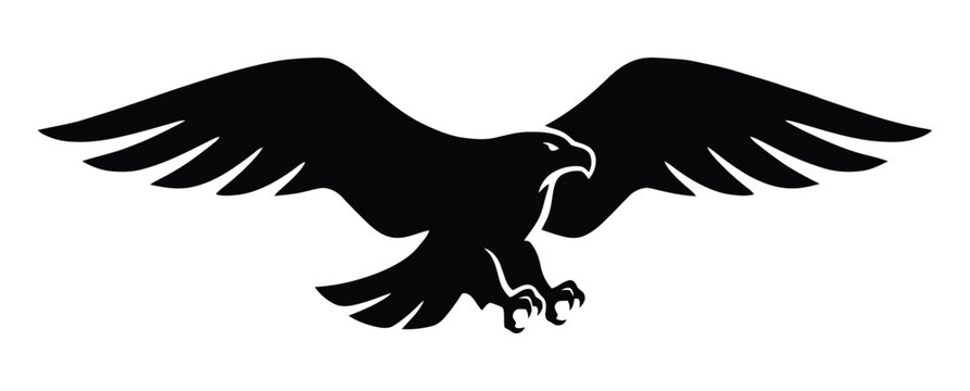 Eagle silhouette vector illustration, eagle icon illustration. Logo of an aggressive eagle with straight spread wings on the sides and looking to the right, an icon in the form of an eagle logo in bla