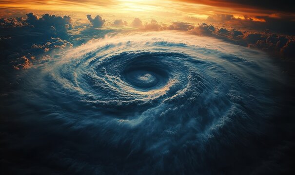 aerial view of a massive spiraling storm cloud with a dark eye beneath a glowing golden sunset, dramatic and ominous atmosphere