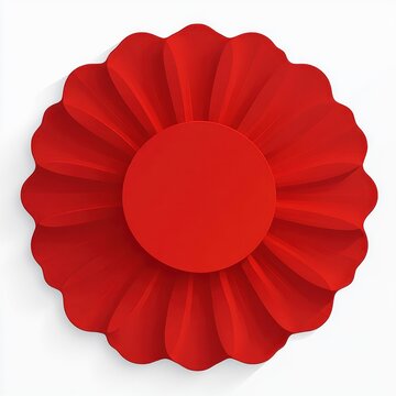 red pleated rosette with scalloped edge and central round disk casting soft shadow on white background, celebratory decorative badge