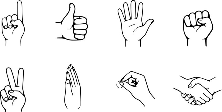 Collection of diverse hand gestures in line art style during a studio shoot for universal communication concepts