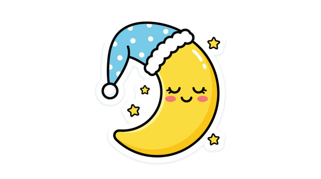 Sleeping moon with blue starry nightcap sticker.